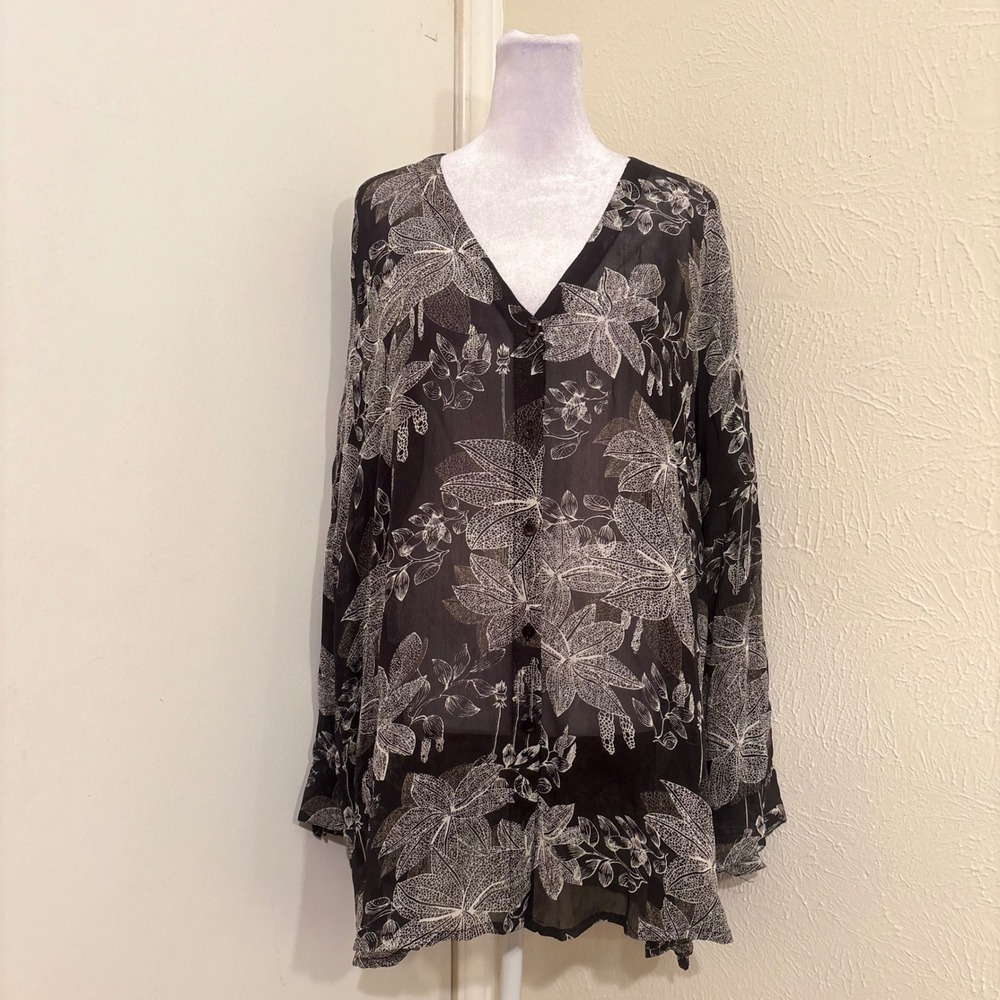 Masai XL Black White Botanical Print Sheer Viscose V-Neck Button Front Blouse